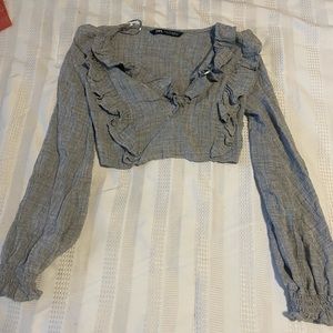 Gray Zara Blouse Long Sleeve Ruffles